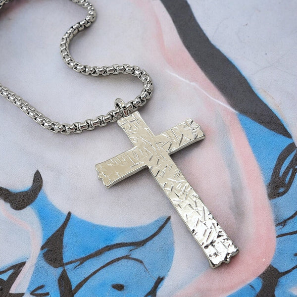 Hammered Cross Rhodium Metal Finish Heavy Chain Necklace