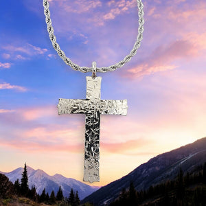 Hammered Cross Rhodium Metal Finish Rope Chain Necklace