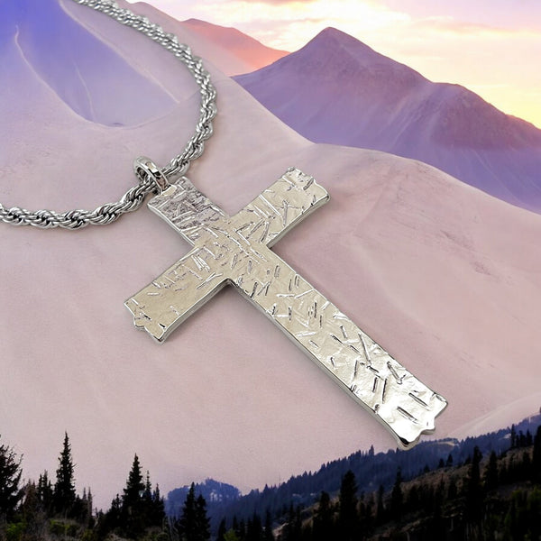 Hammered Cross Rhodium Metal Finish Rope Chain Necklace