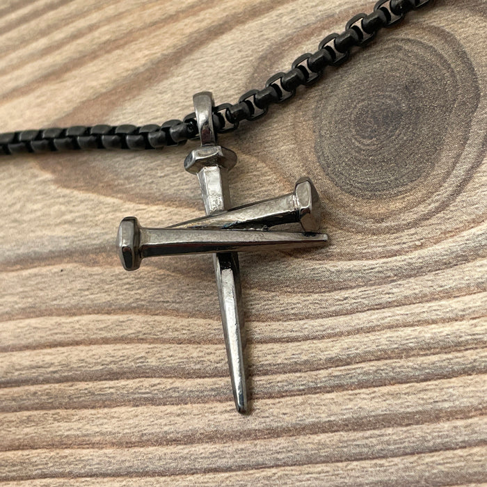 Nail Cross Pendant Necklace Dark Finish Heavy Chain