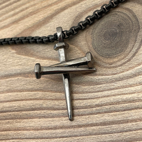 Nail Cross Pendant Necklace Dark Finish Heavy Chain