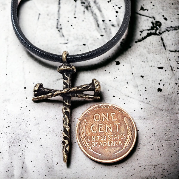 Rugged Antique Nail Cross Necklace Brass Finish