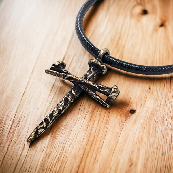 Rugged Antique Nail Cross Necklace Brass Finish