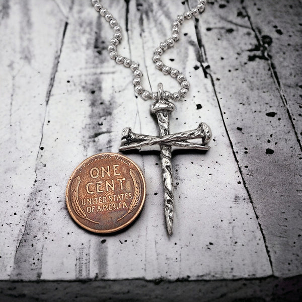 Rustic Nail Cross Necklace on ball chain