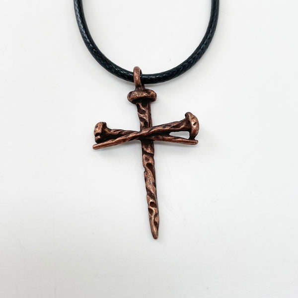 Rugged Antique Nail Cross Necklace Copper Finish