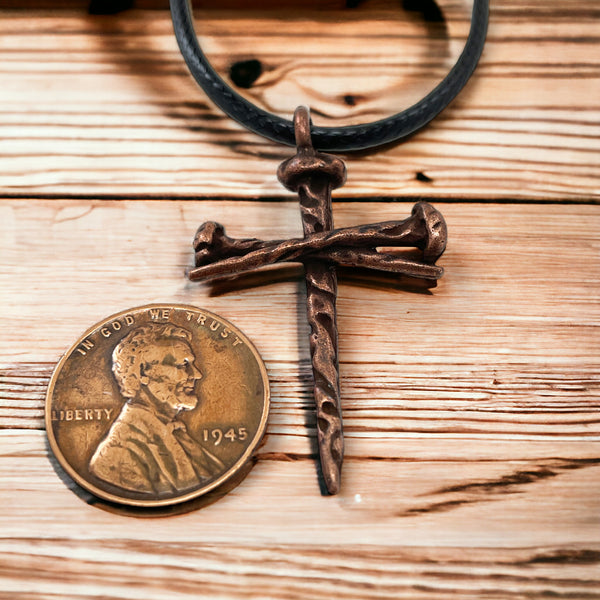 Rugged Antique Nail Cross Necklace Copper Finish