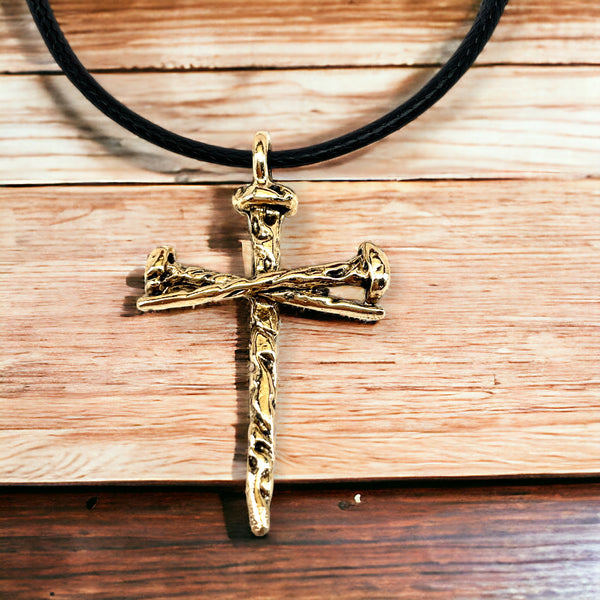 Rugged Antique Nail Cross Necklace In Gold