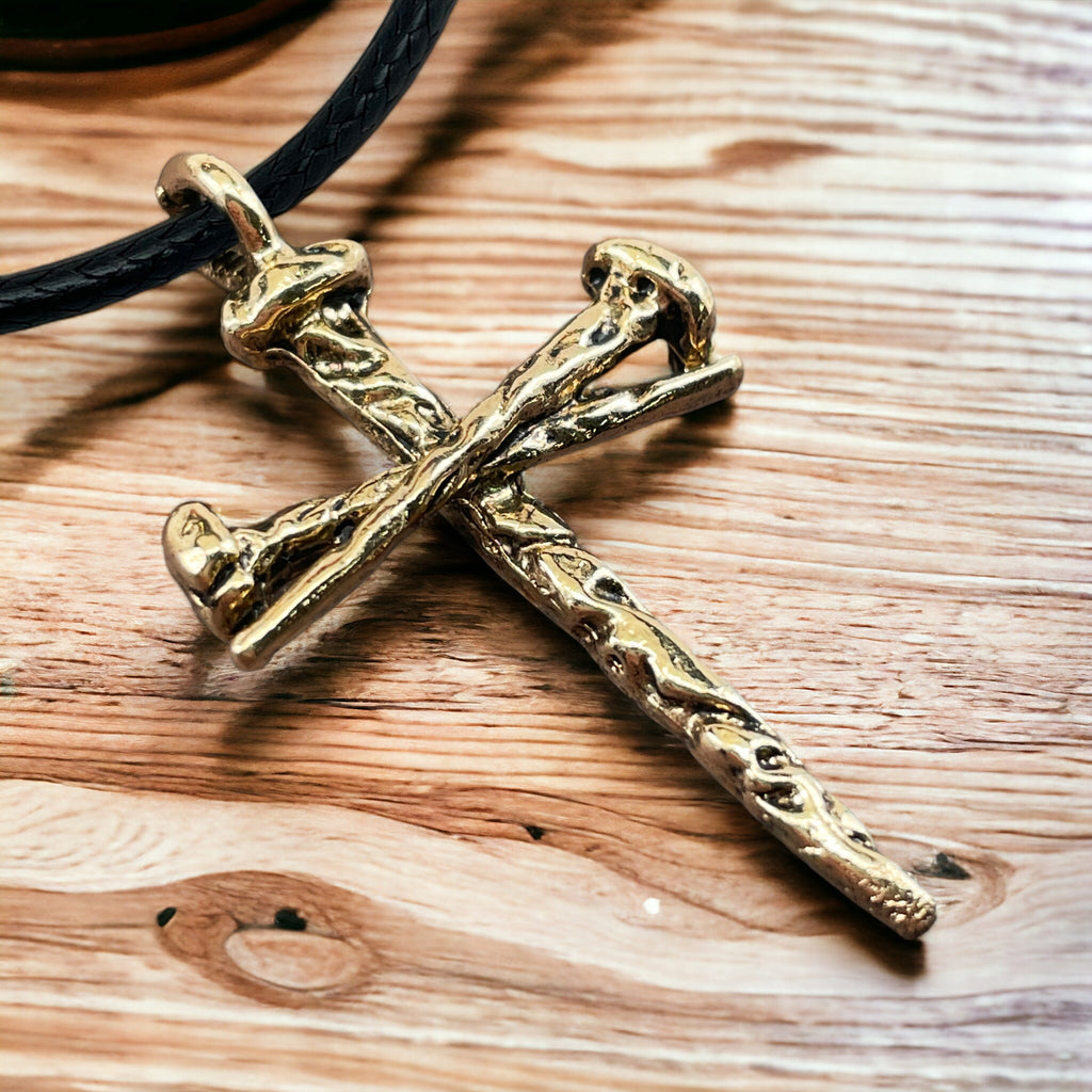 Rugged Antique Nail Cross Necklace In Gold