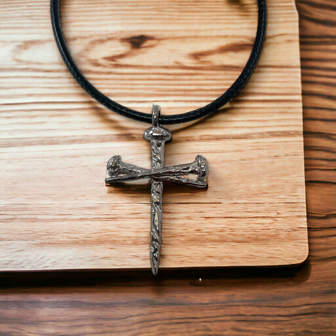 Rugged Antique Nail Cross Necklace Dark Gunmetal