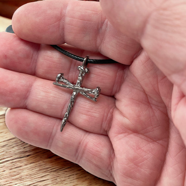 Rugged Antique Nail Cross Necklace Dark Gunmetal