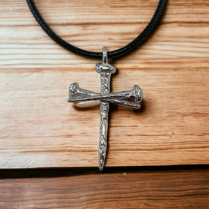 Rugged Antique Nail Cross Necklace Rhodium