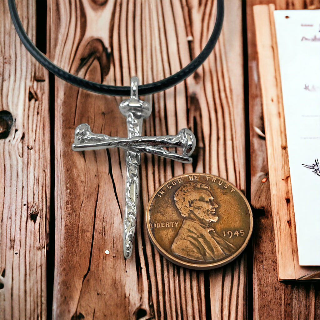 Rugged Antique Nail Cross Necklace Rhodium