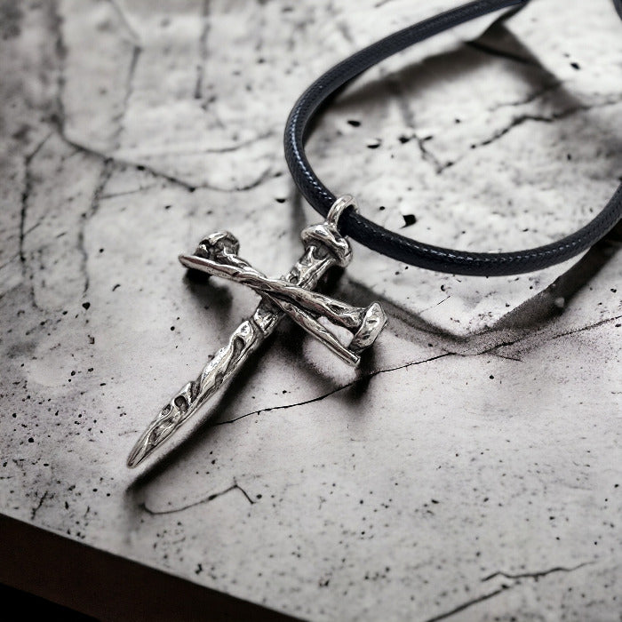 Rugged Nail Cross Necklace Antique Silver