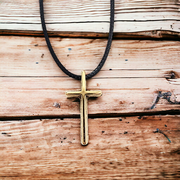 Cross Small Gold Finish Pendant Black Cord Necklace