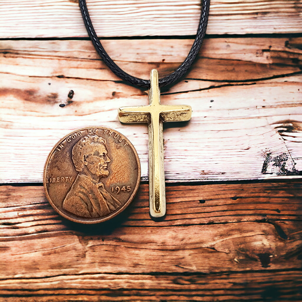 Cross Small Gold Finish Pendant Black Cord Necklace