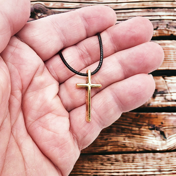 Cross Small Gold Finish Pendant Black Cord Necklace