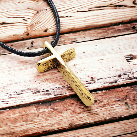 Cross Small Gold Finish Pendant Black Cord Necklace