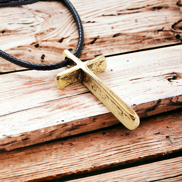 Cross Small Gold Finish Pendant Black Cord Necklace