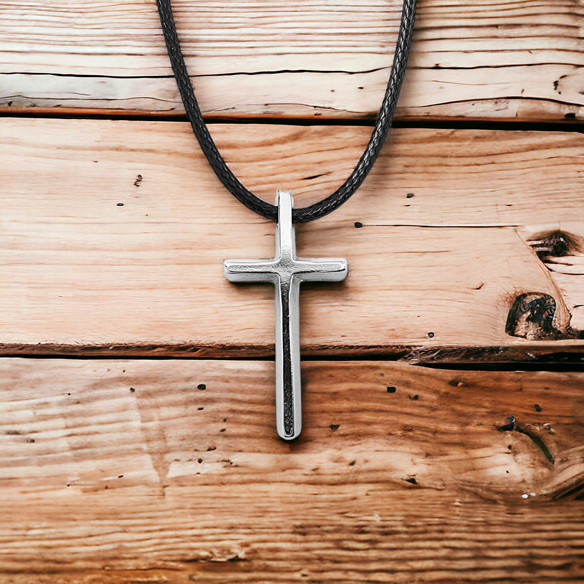 Cross Small Rhodium Silver Metal Finish Pendant Black Cord Necklace