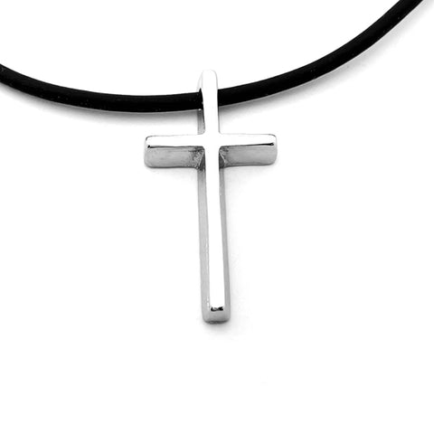 Cross Small Antique Silver Finish Pendant Black Cord Necklace