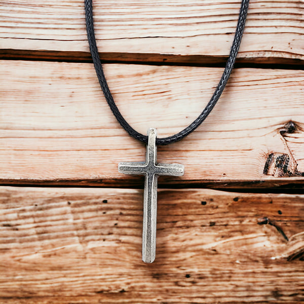 Cross Small Antique Silver Finish Pendant Black Cord Necklace