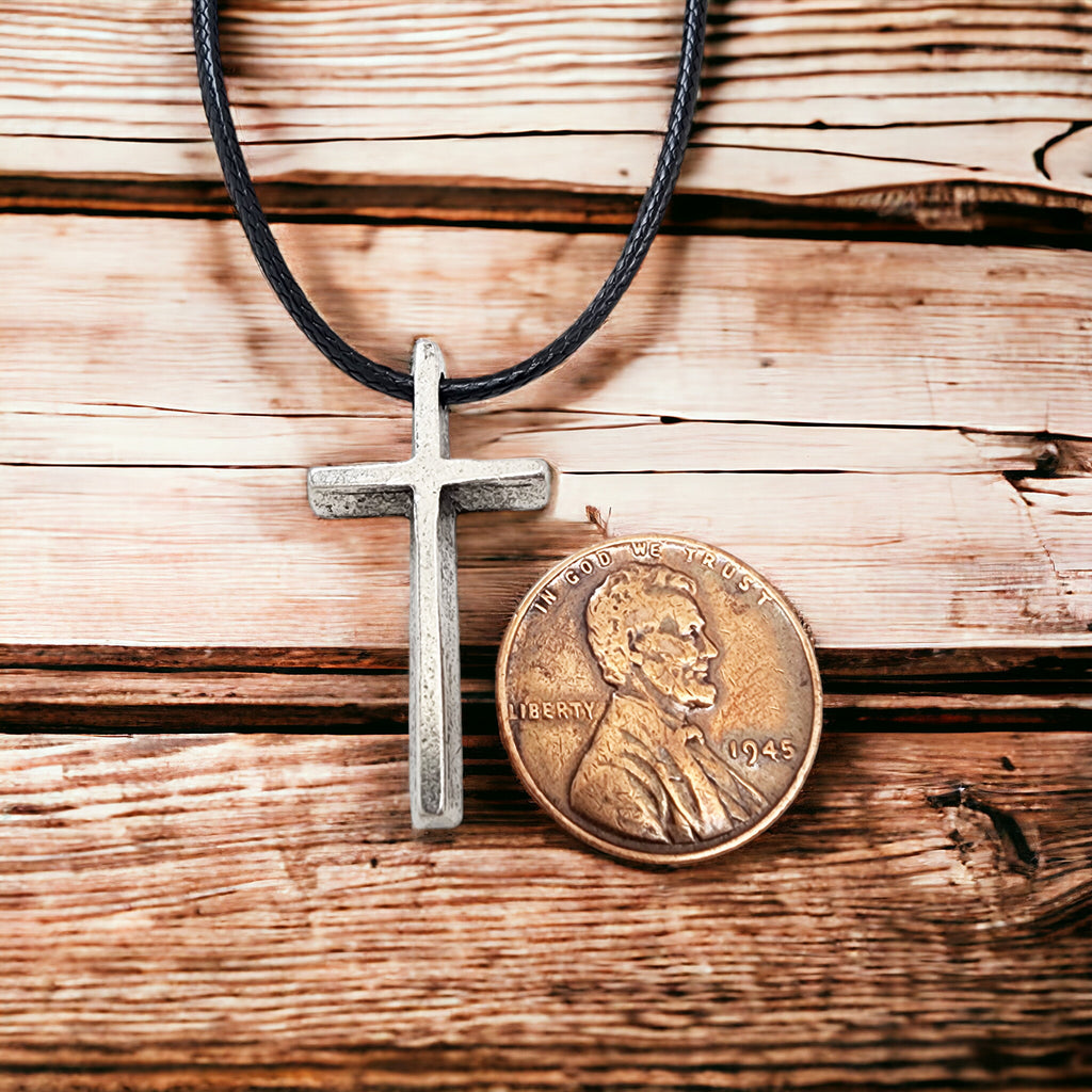 Cross Small Antique Silver Finish Pendant Black Cord Necklace