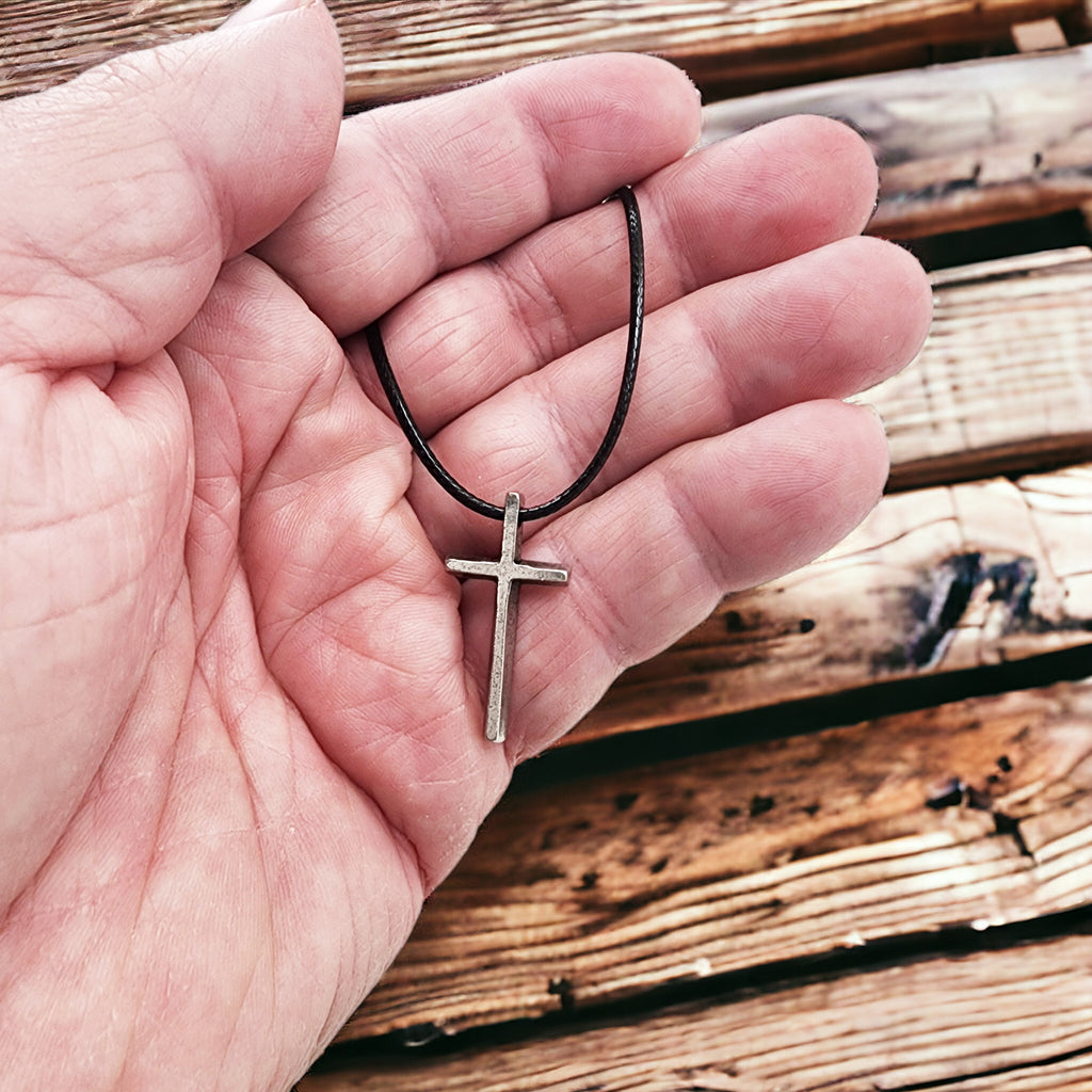 Cross Small Antique Silver Finish Pendant Black Cord Necklace