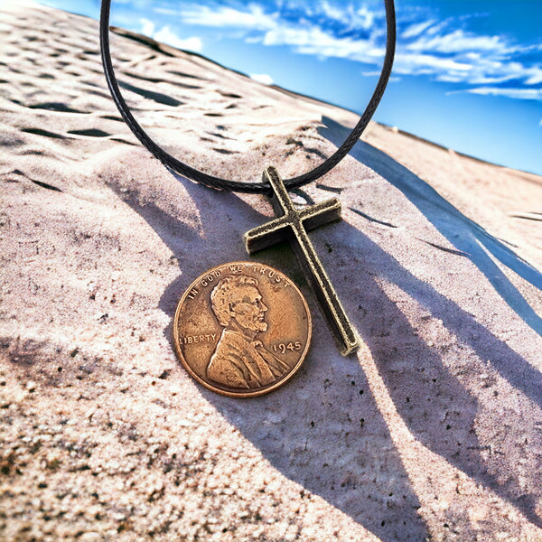 Cross Small Antique Brass Finish Pendant Black Cord Necklace