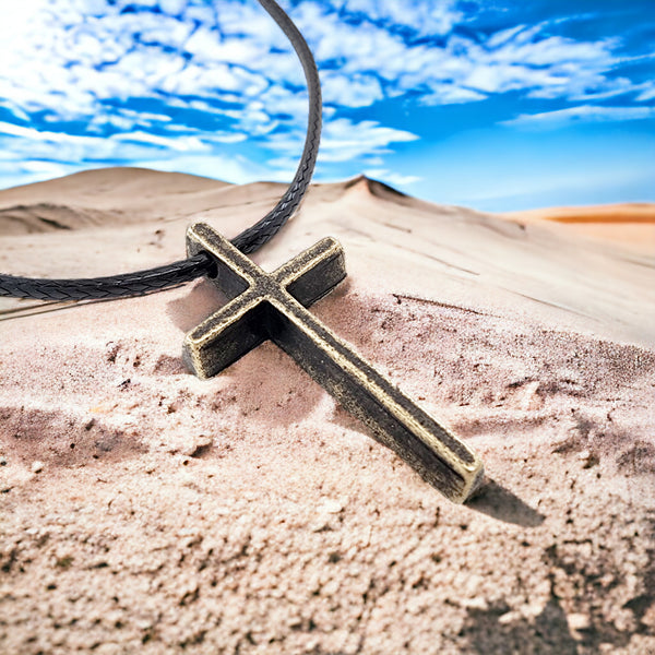 Cross Small Antique Brass Finish Pendant Black Cord Necklace