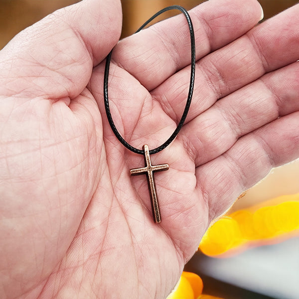 Cross Small Antique Copper Finish Pendant Black Cord Necklace