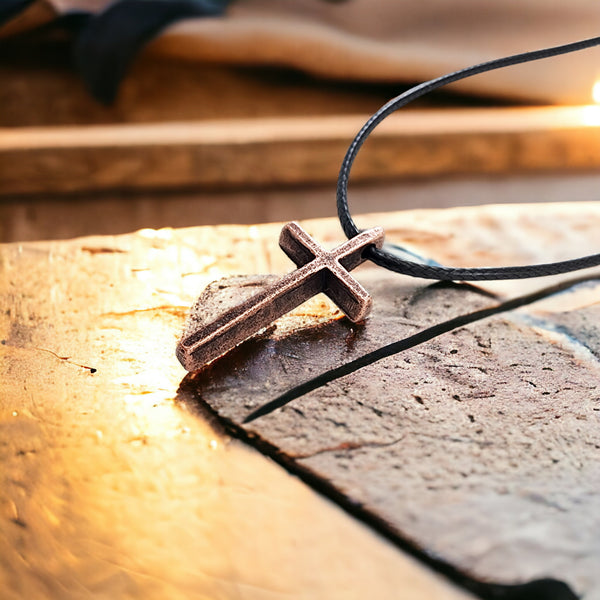 Cross Small Antique Copper Finish Pendant Black Cord Necklace