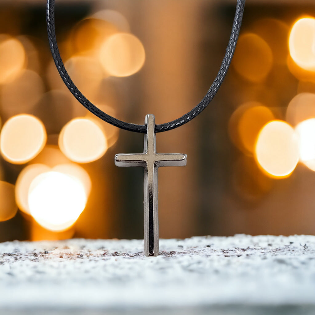Cross Small Dark Metal Finish Pendant Black Cord Necklace