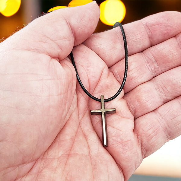 Cross Small Dark Metal Finish Pendant Black Cord Necklace