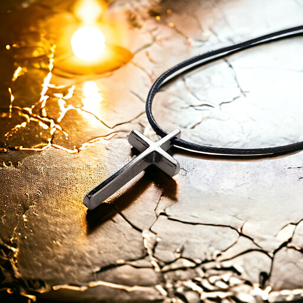 Cross Small Dark Metal Finish Pendant Black Cord Necklace