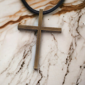Cross Large Antique Brass Metal Finish Black Cord Necklace
