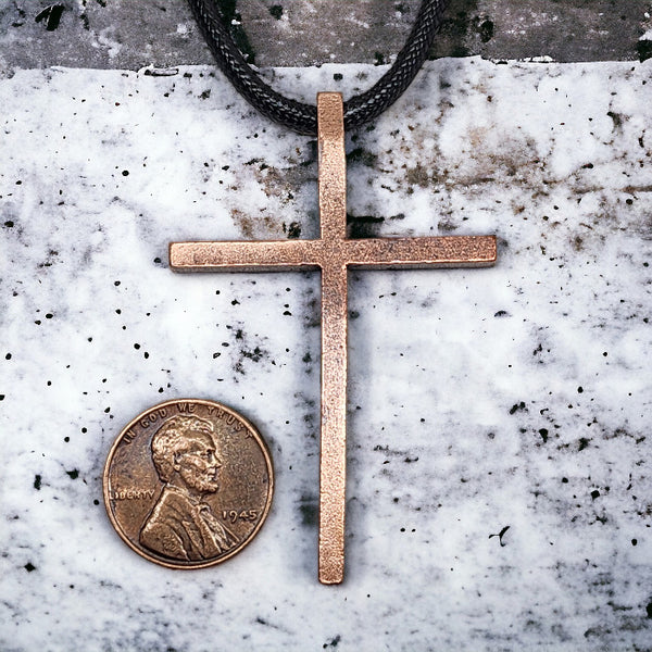 Cross Large Antique Copper Metal Finish Black Cord Necklace