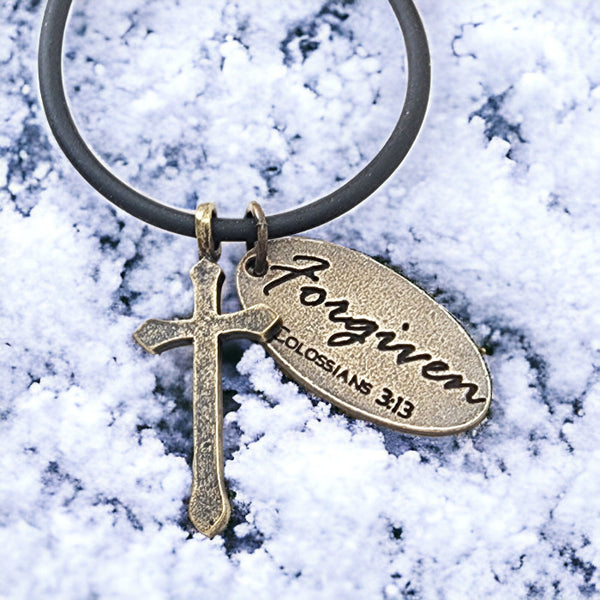 Cross Antique Brass Metal Finish Forgiven Tag Black Cord Necklace