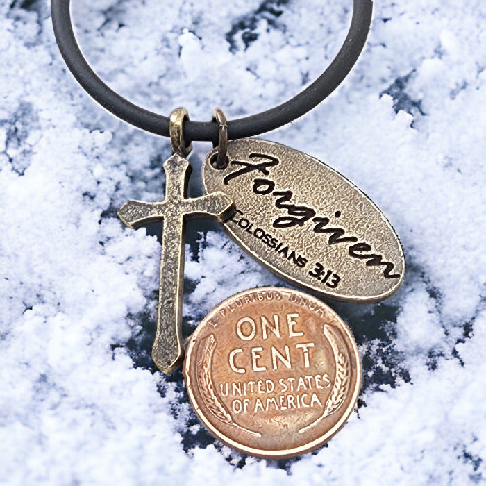 Cross Antique Brass Metal Finish Forgiven Tag Black Cord Necklace