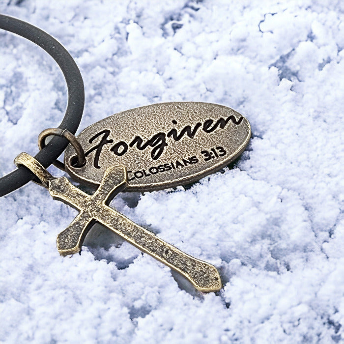 Cross Antique Brass Metal Finish Forgiven Tag Black Cord Necklace