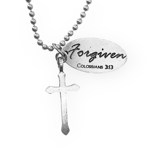 Cross Antique Silver Metal Finish Forgiven Tag Ball Chain Necklace