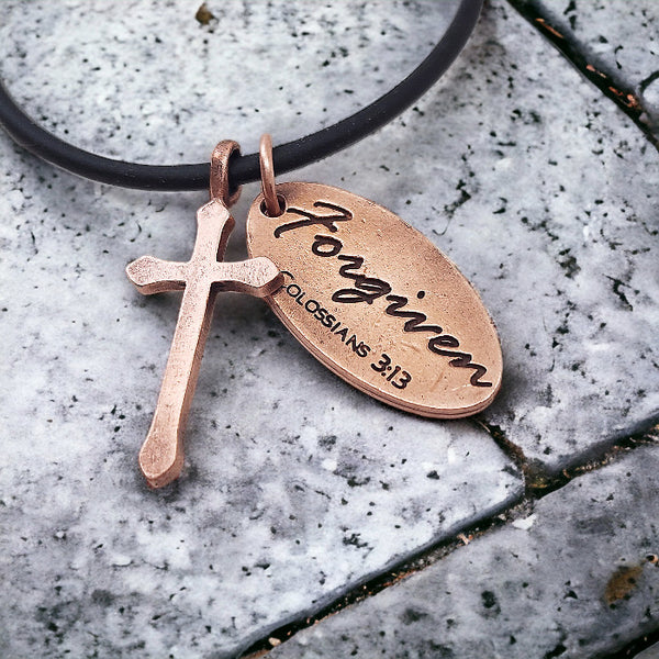 Cross Antique Copper Metal Finish Forgiven Tag Black Cord Necklace