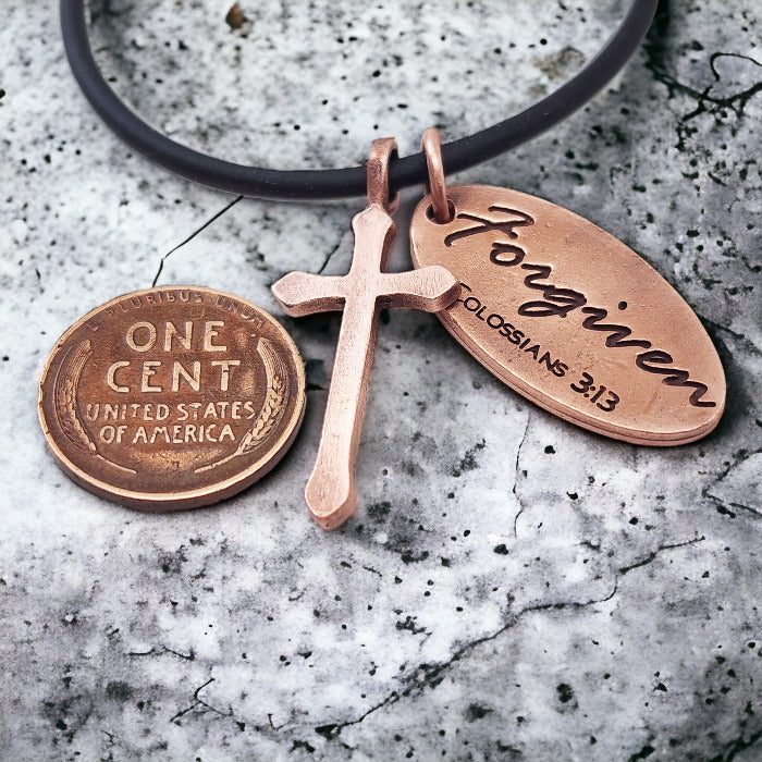 Cross Antique Copper Metal Finish Forgiven Tag Black Cord Necklace