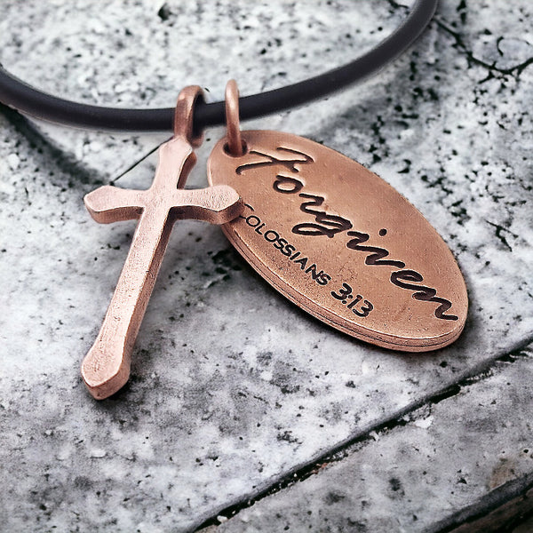 Cross Antique Copper Metal Finish Forgiven Tag Black Cord Necklace