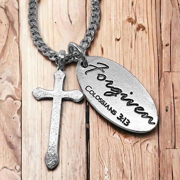 Cross Antique Silver Metal Finish Forgiven Tag Curb Chain Necklace
