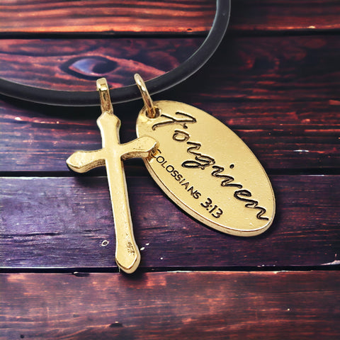 Cross Gold Metal Finish Forgiven Tag Black Cord Necklace
