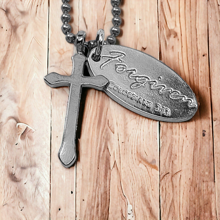 Cross Dark Metal Finish Forgiven Tag Dark Ball Chain Necklace