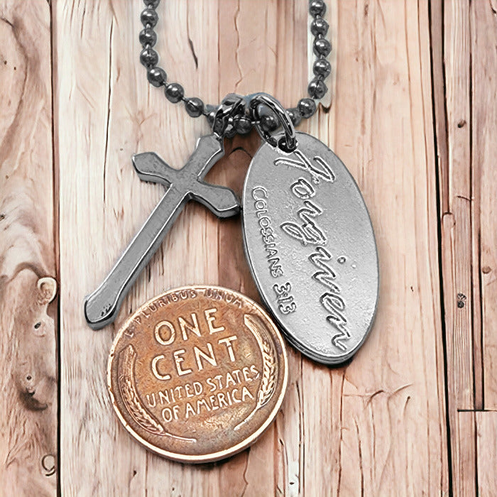 Cross Dark Metal Finish Forgiven Tag Dark Ball Chain Necklace