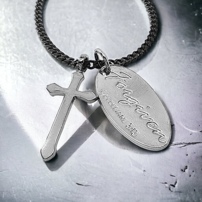 Cross Dark Metal Finish Forgiven Tag Dark Curb Chain Necklace