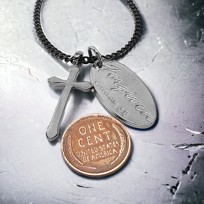 Cross Dark Metal Finish Forgiven Tag Dark Curb Chain Necklace