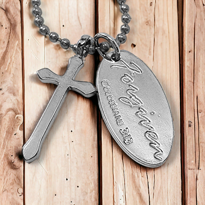 Cross Dark Metal Finish Forgiven Tag Dark Ball Chain Necklace